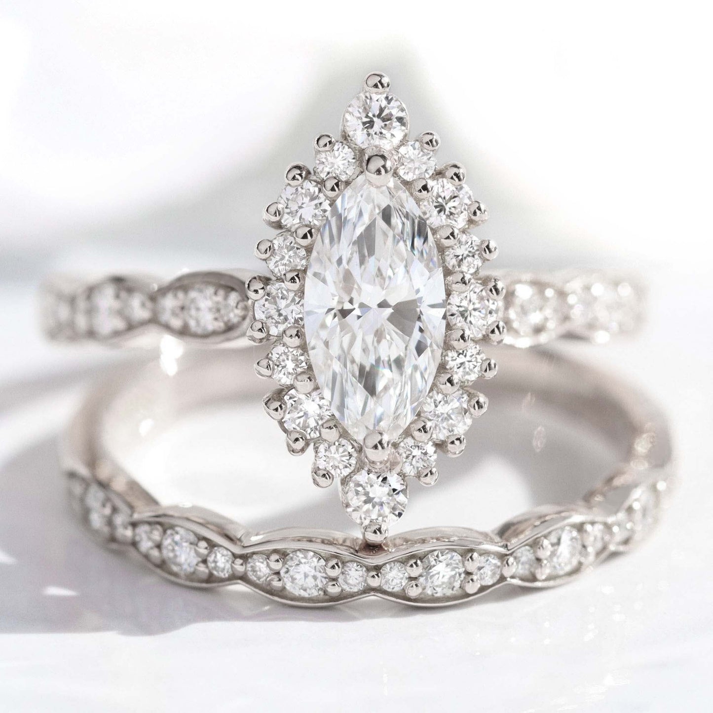 0.7 CT Marquise Cut Halo & Pave Moissanite Bridal Ring Set