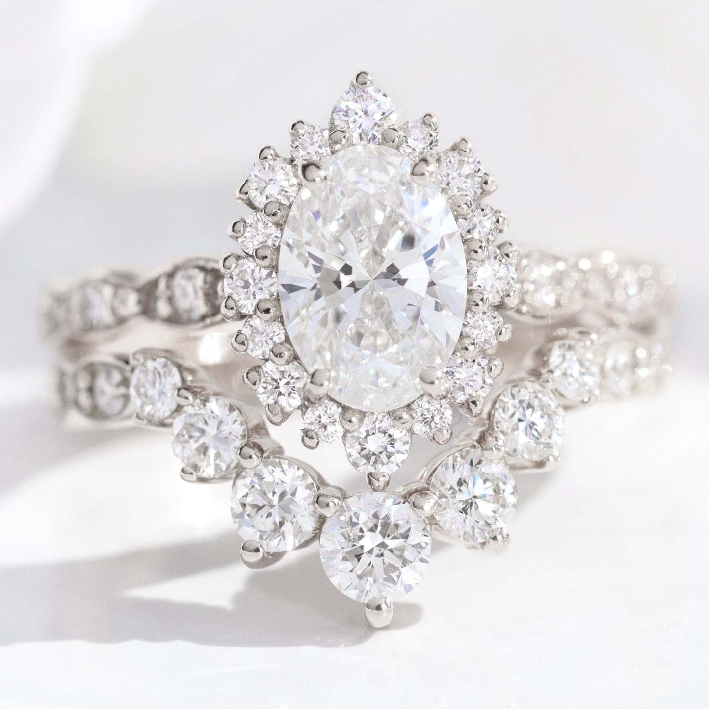 1.15 CT Oval Cut Halo & Pave Moissanite Bridal Ring Set
