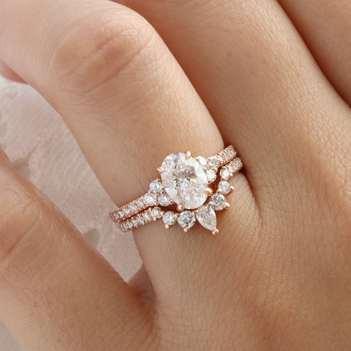 1.2 CT Oval Cut Vintage Cluster Moissanite Bridal Ring Set