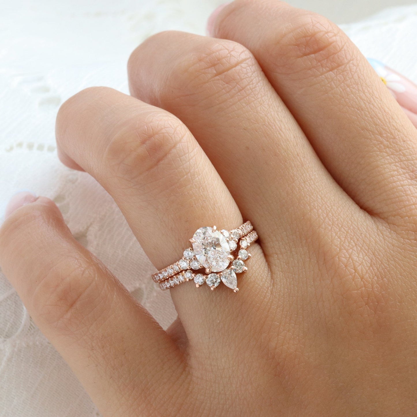 1.2 CT Oval Cut Vintage Cluster Moissanite Bridal Ring Set
