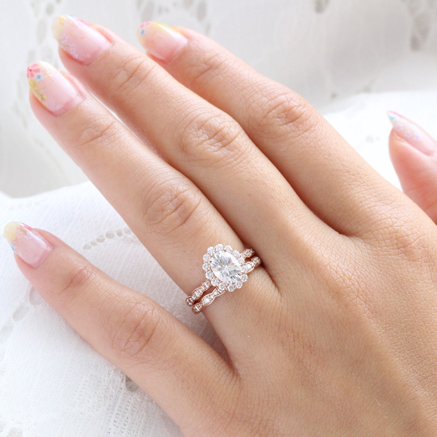 1.5 CT Oval Cut Vintage Style Moissanite Bridal Ring Set