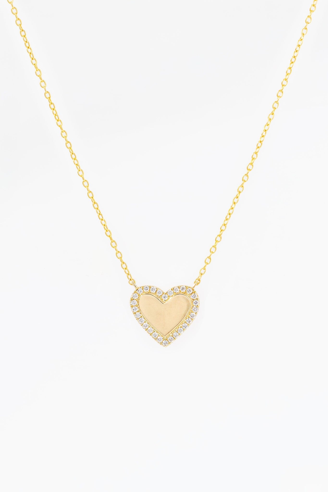0.12 CT Round Pavé Border Engravable Heart Moissanite Diamond Necklace in Solid Gold
