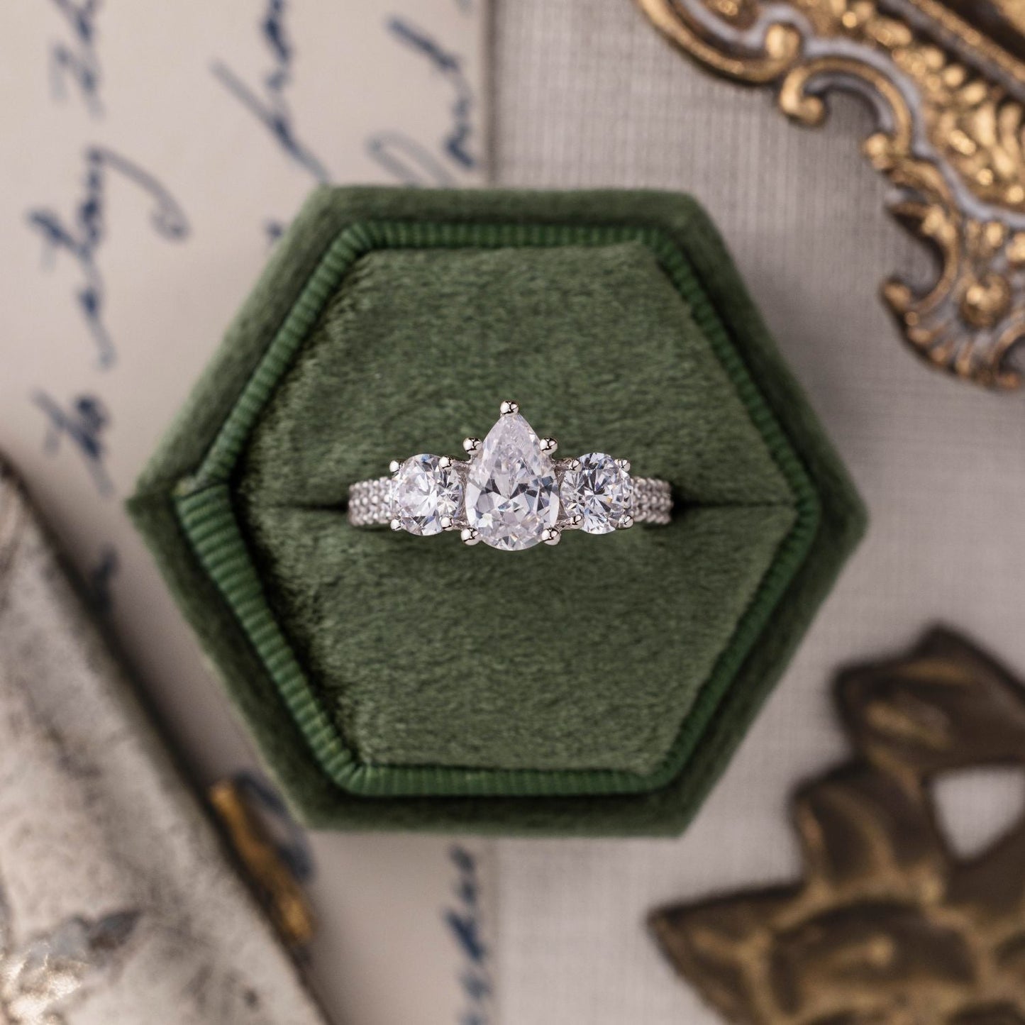 Marquise Shaped Three Stone Lab Grown Diamond Engagement Ring