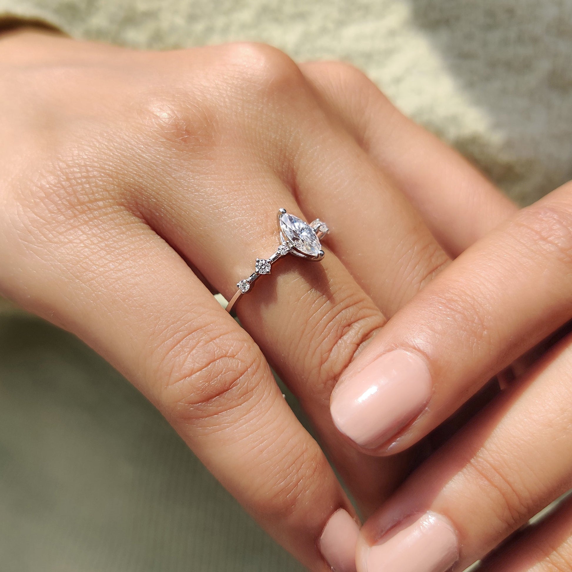 Moissanite Marquise Ring In Round Prong Setting