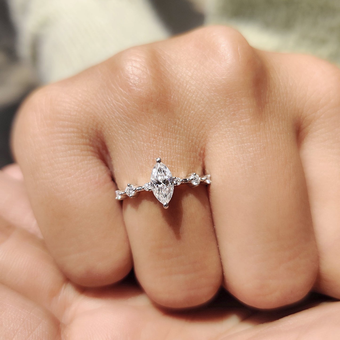 Moissanite Marquise Ring In Round Prong Setting