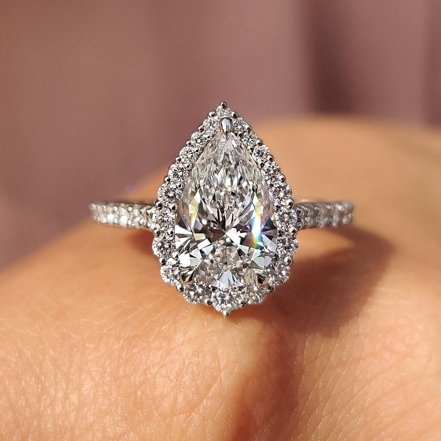 Pear Shaped Halo Engagement Ring In White Gold