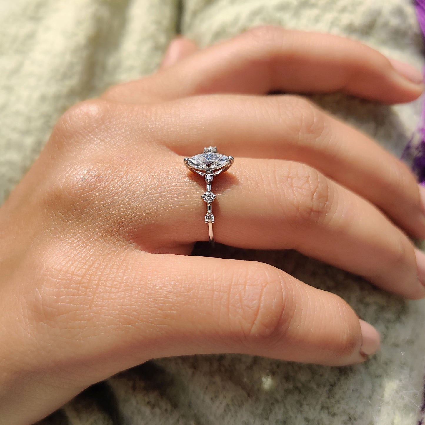 Moissanite Marquise Ring In Round Prong Setting