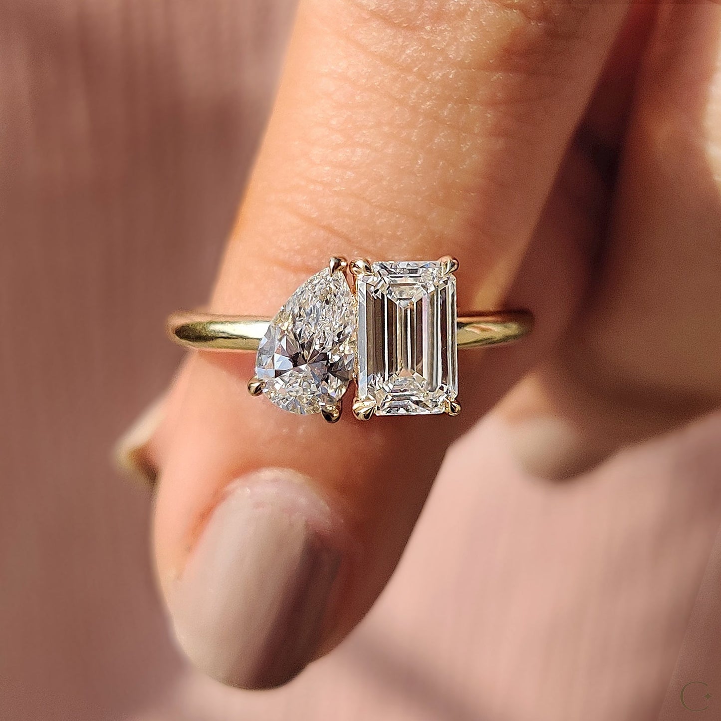 Emerald And Pear Engagement Ring In Toi Et Moi Style