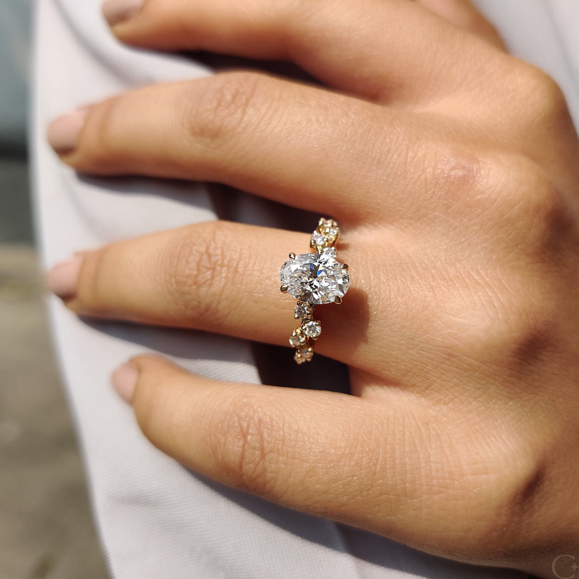 Oval Shape Engagement Ring with Zig Zag Band in Gold