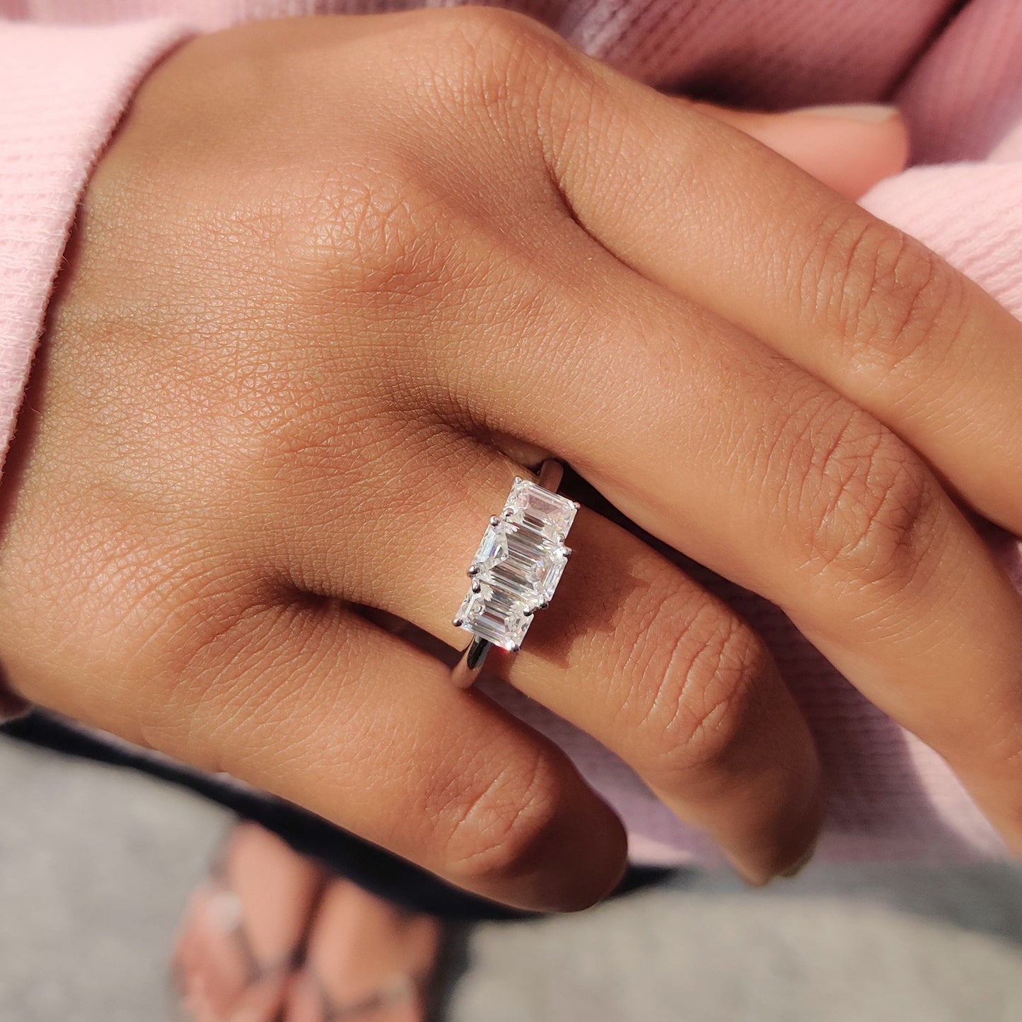 Emerald Cut Moissanite 3 Stone Engagement Ring
