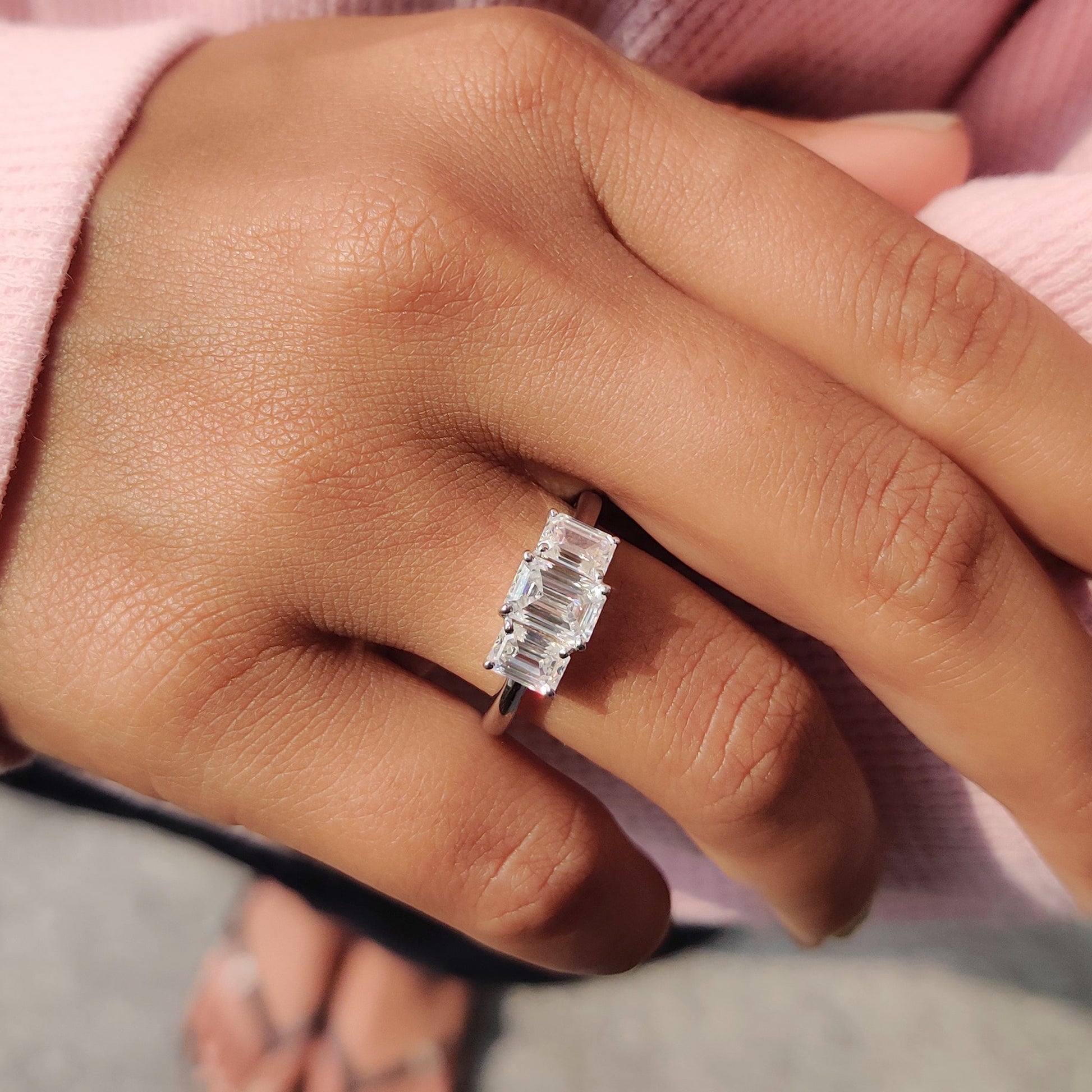 Emerald Cut Moissanite 3 Stone Engagement Ring