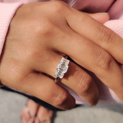 Emerald Cut Moissanite 3 Stone Engagement Ring