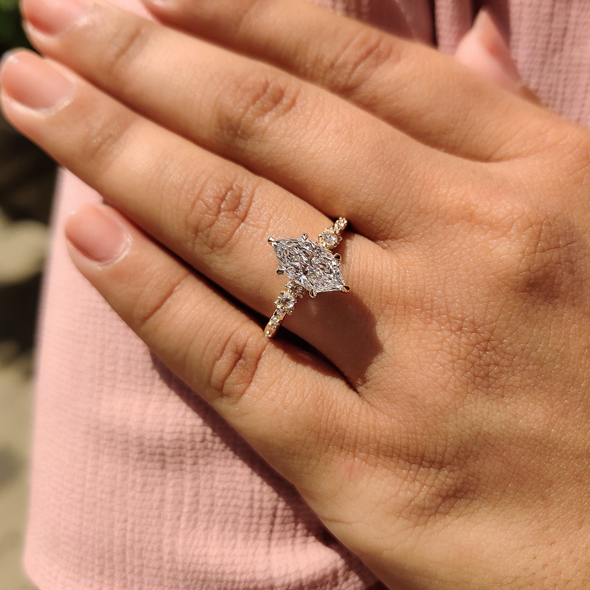 Dutch Marquise Engagement Ring With Round Rose Cut Side Stone