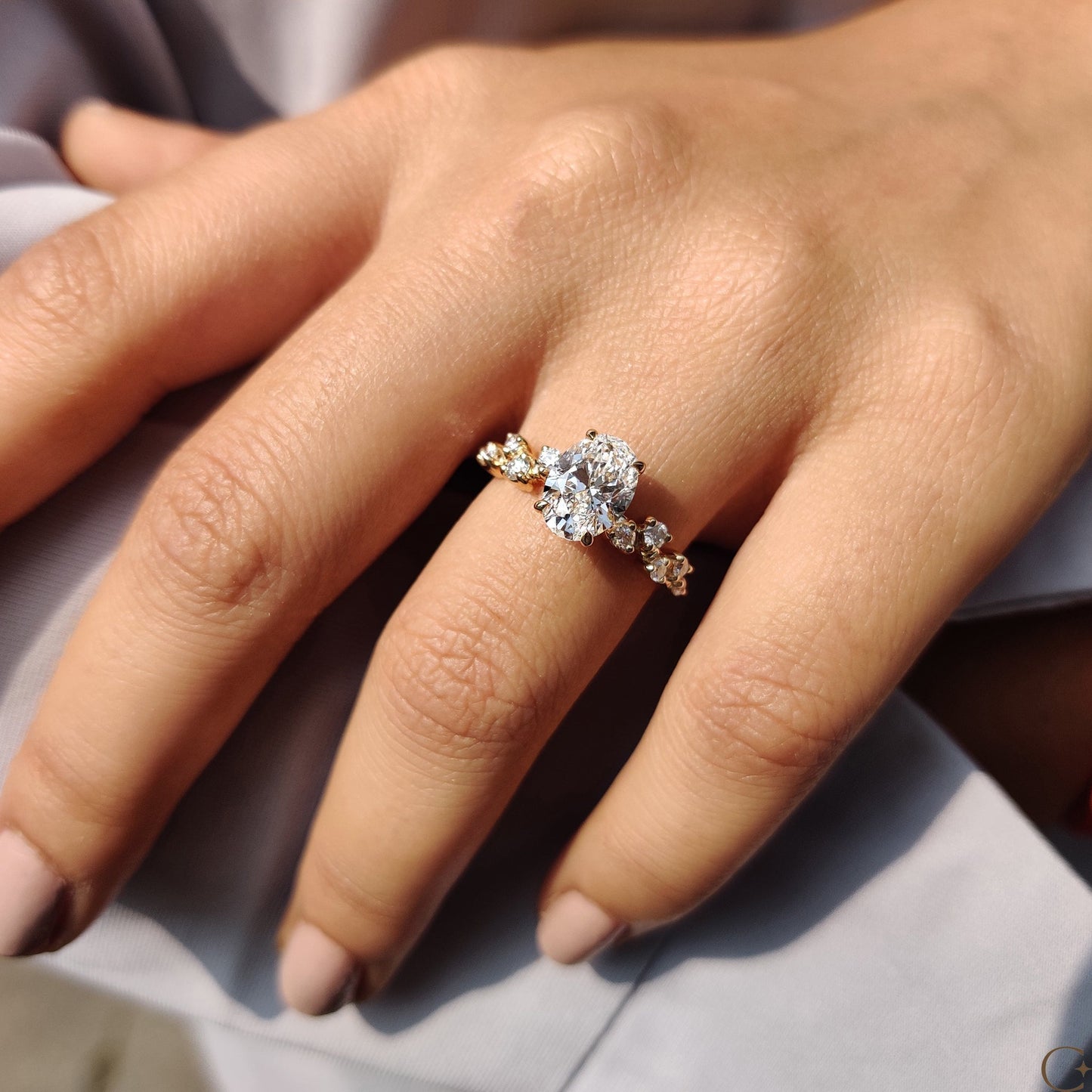 Oval Shape Engagement Ring with Zig Zag Band in Gold