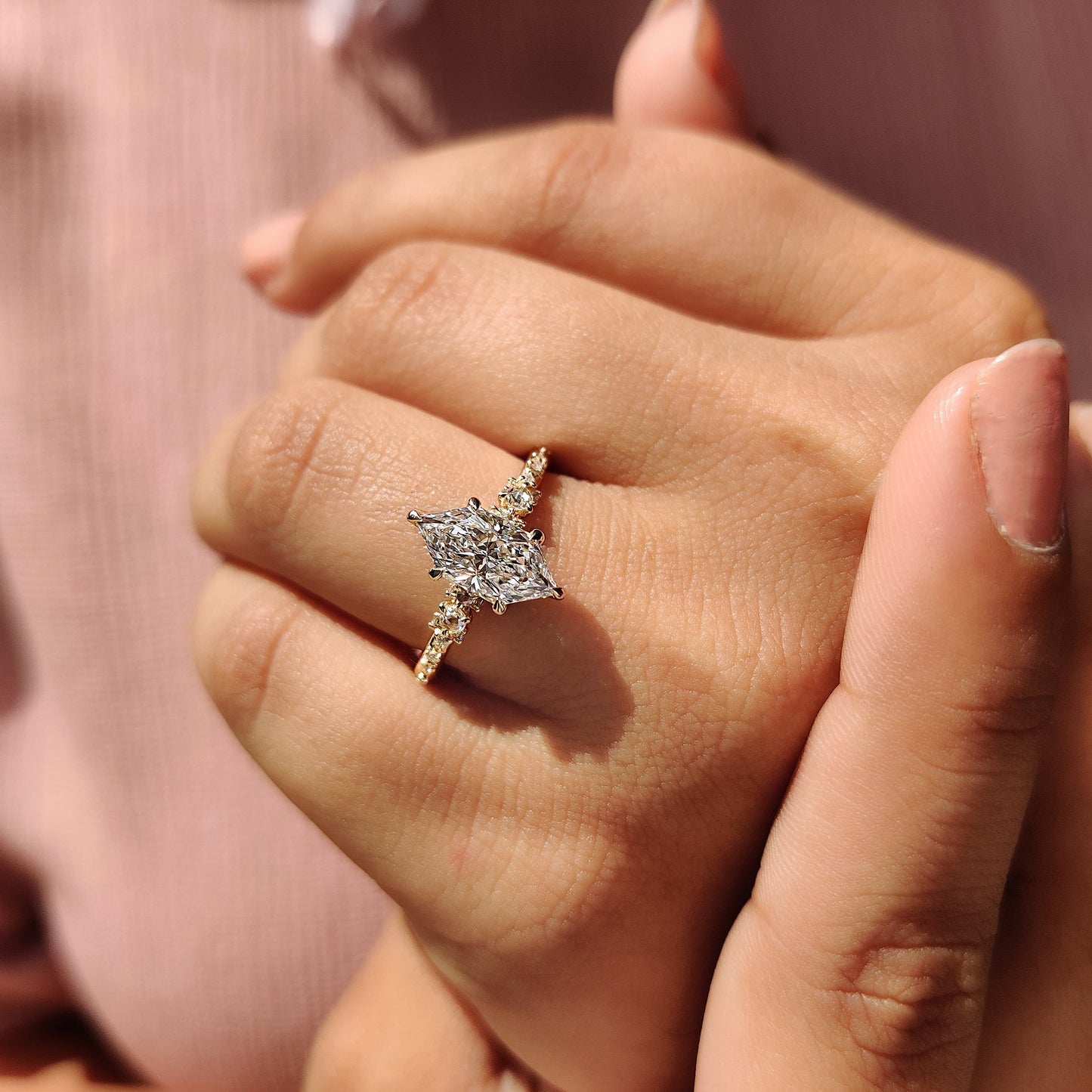 Dutch Marquise Engagement Ring With Round Rose Cut Side Stone