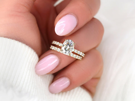 2 CT Oval Cut Bubble Halo & Pave Moissanite Bridal Ring Set
