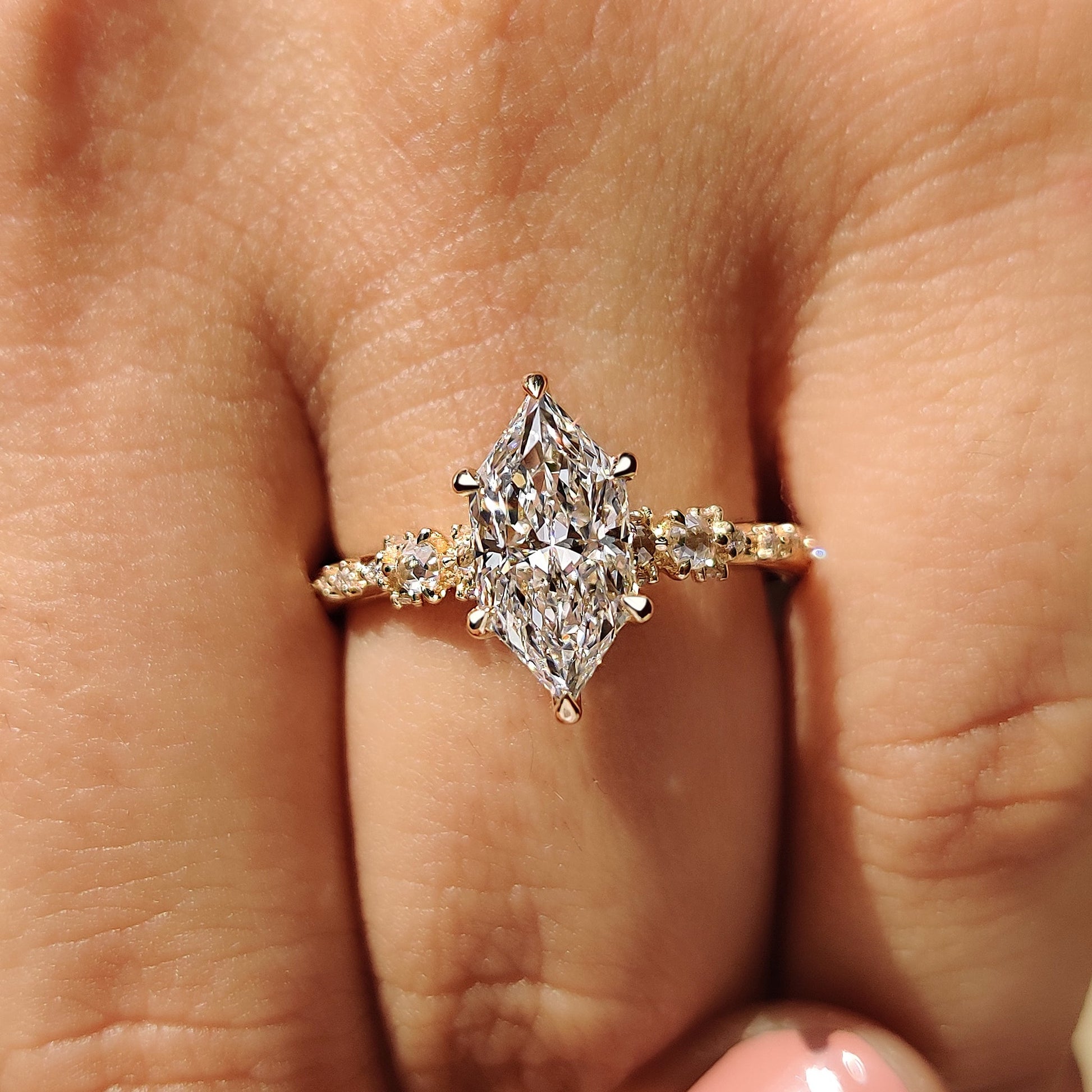 Dutch Marquise Engagement Ring With Round Rose Cut Side Stone