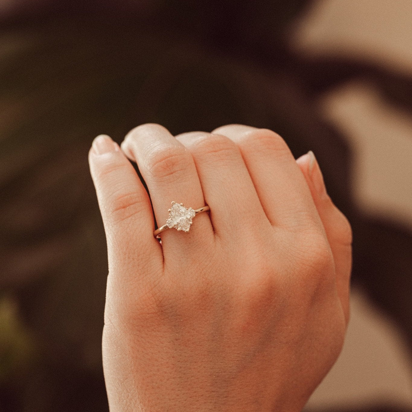 Marquise Shaped Three Stone Lab Grown Diamond Engagement Ring