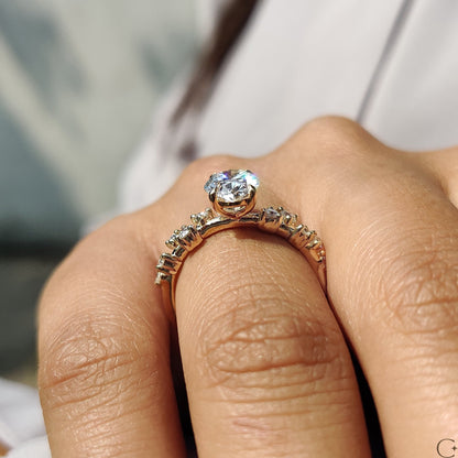 Oval Shape Engagement Ring with Zig Zag Band in Gold