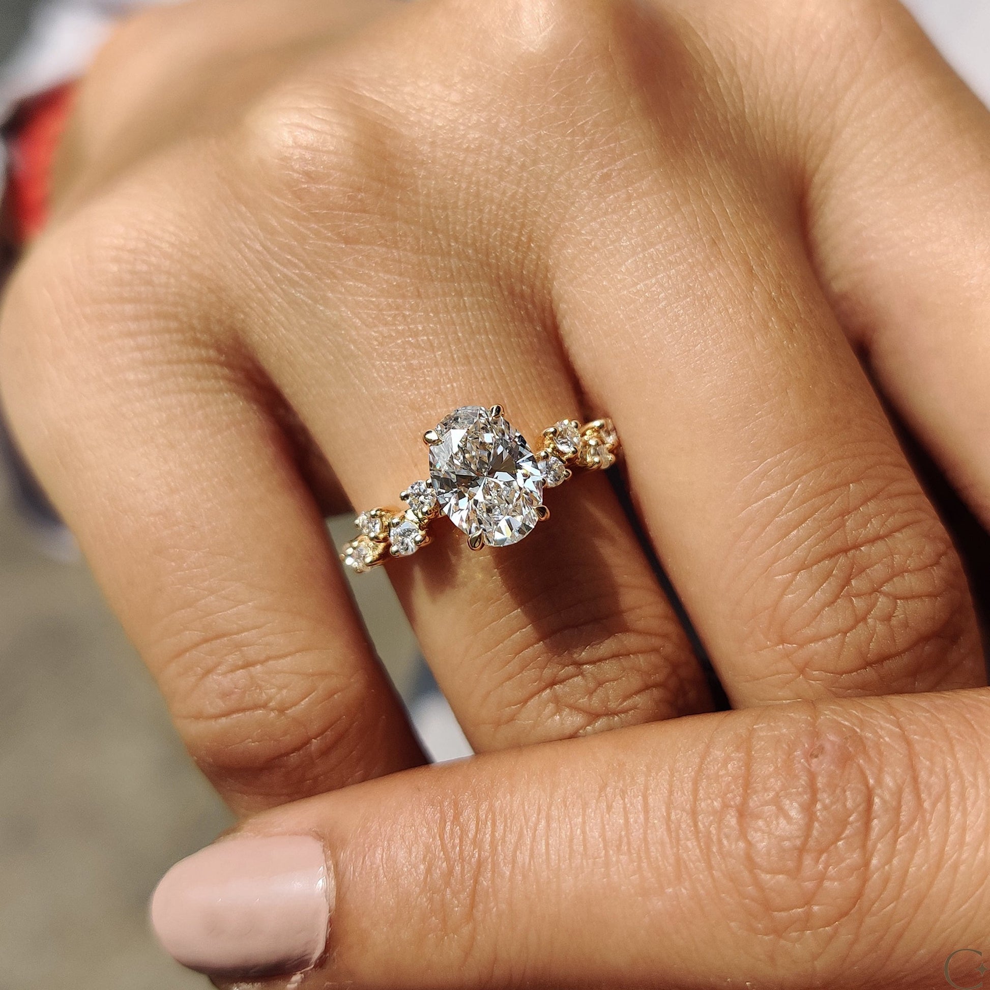 Oval Shape Engagement Ring with Zig Zag Band in Gold