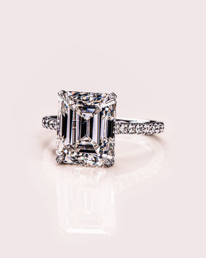 3.42 CT Emerald Cut Moissanite Engagement Ring With Hidden Halo Setting