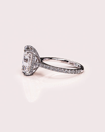 3.42 CT Emerald Cut Moissanite Engagement Ring With Hidden Halo Setting