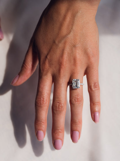 3.42 CT Emerald Cut Moissanite Engagement Ring With Hidden Halo Setting