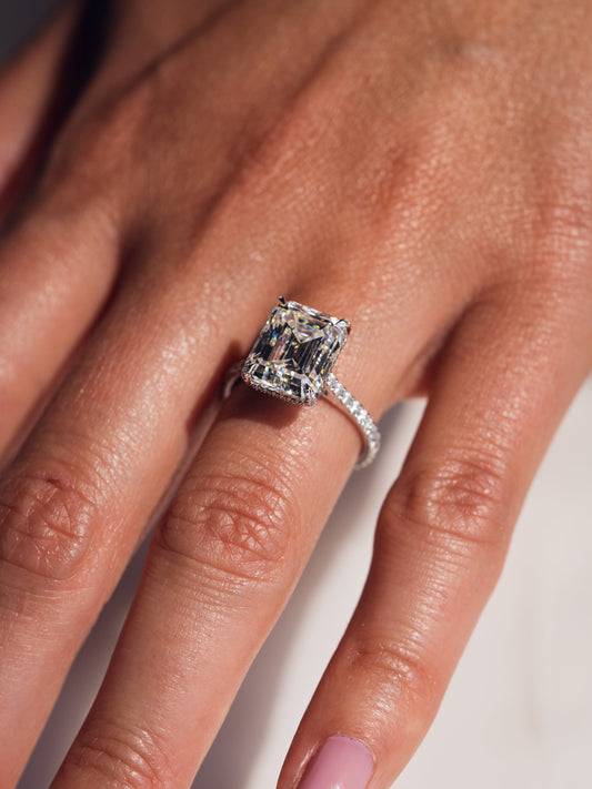 3.42 CT Emerald Cut Moissanite Engagement Ring With Hidden Halo Setting
