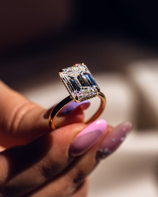 8.0 CT Emerald Cut Hidden Halo Moissanite Engagement Ring