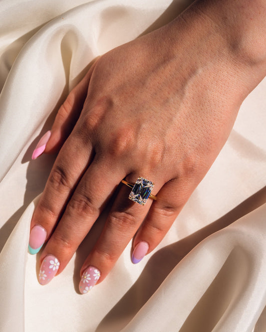 8.0 CT Emerald Cut Hidden Halo Moissanite Engagement Ring