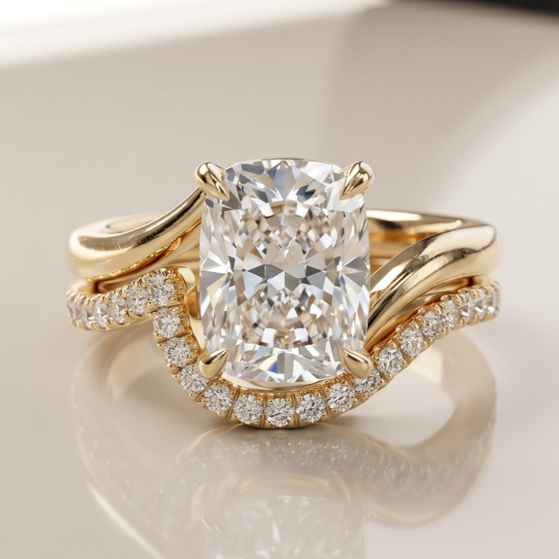 3.0 CT Elongated Cushion Minimal Pave Moissanite Diamond Bridal Ring Set