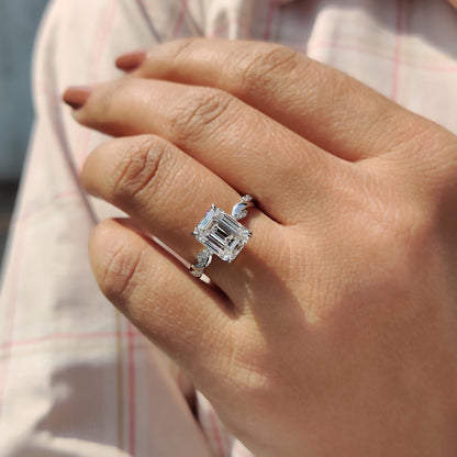 Emerald Cut Moissanite Ring With Hidden Halo Style