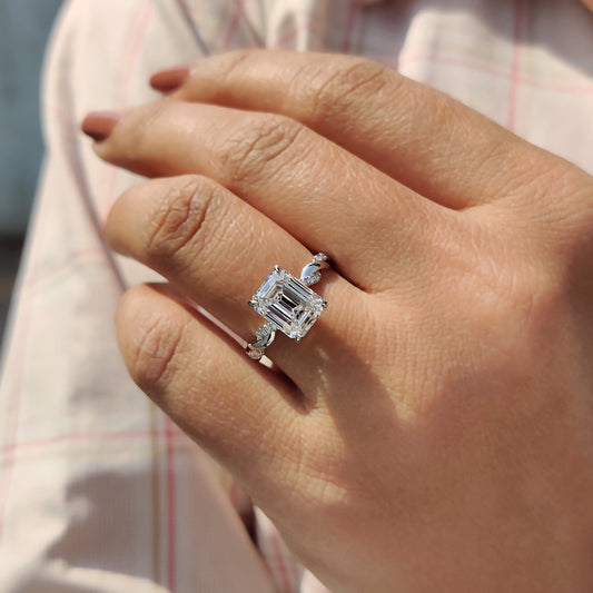 Emerald Cut Moissanite Ring With Hidden Halo Style