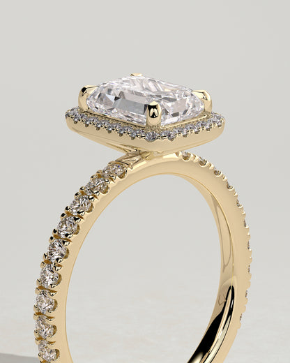 2 CT Emerald Cut Halo and Pave Moissanite Diamond Engagement Ring