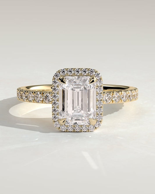 2 CT Emerald Cut Halo and Pave Moissanite Diamond Engagement Ring