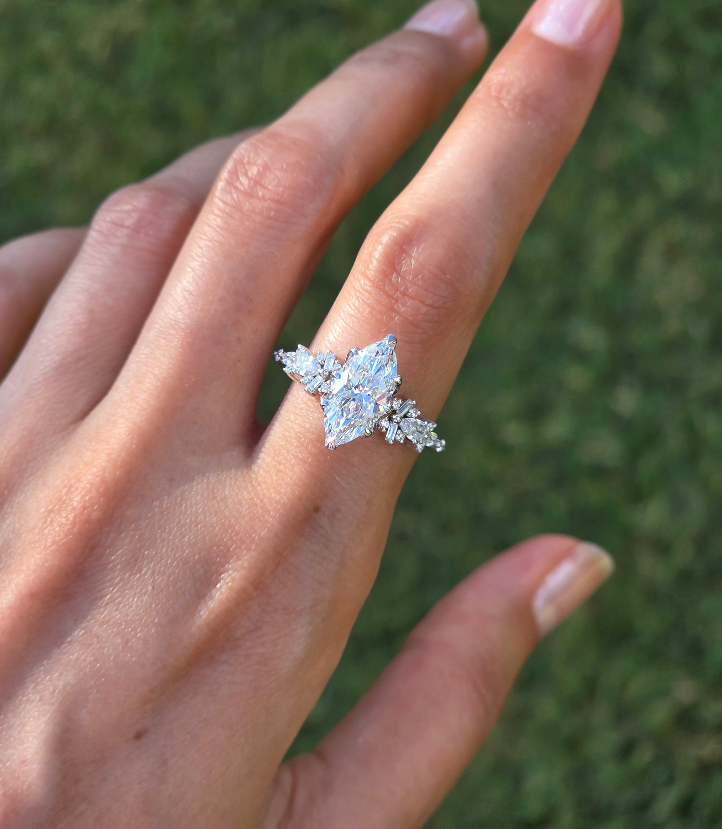 Marquise Shaped Three Stone Lab Grown Diamond Engagement Ring