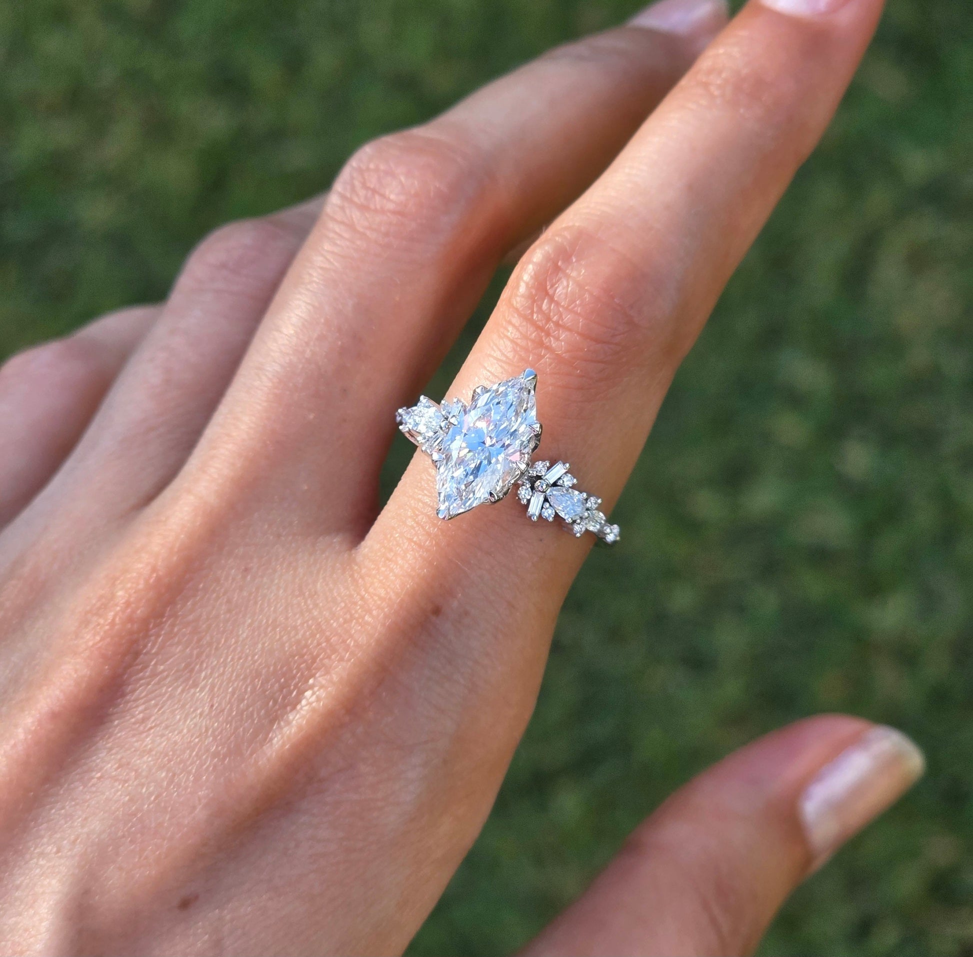 Marquise Shaped Three Stone Lab Grown Diamond Engagement Ring