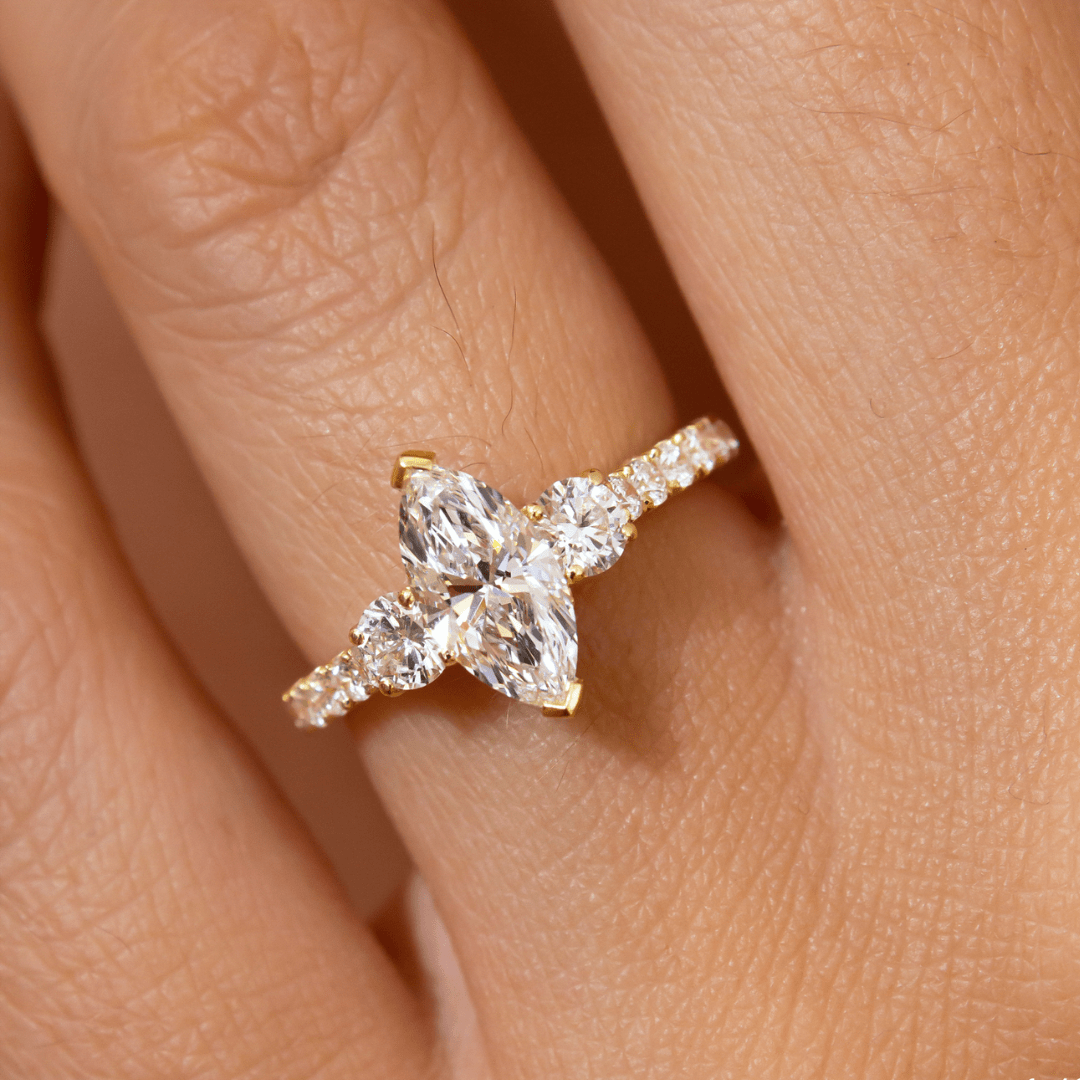 Marquise Shaped Three Stone Lab Grown Diamond Engagement Ring