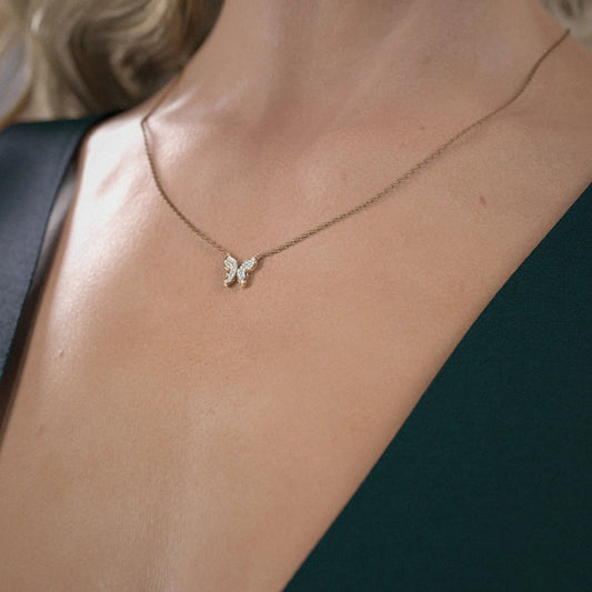 0.35 CT Round Butterfly Pendant Moissanite Diamond Necklace in Solid Gold