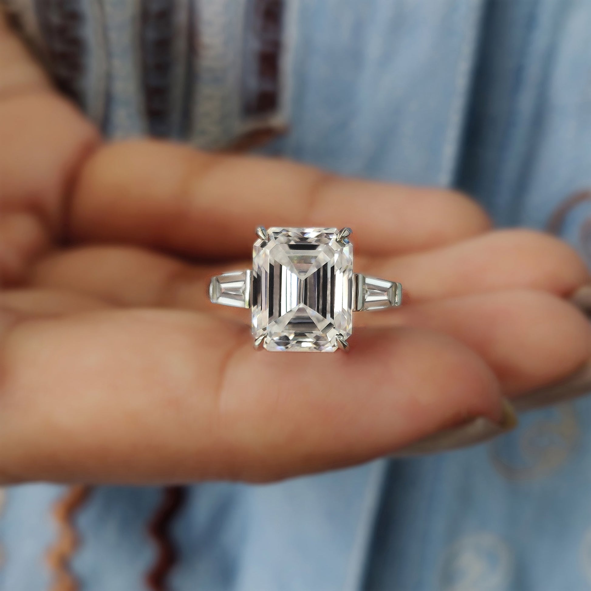 Emerald Cut Moissanite Ring In 3 Stone Style