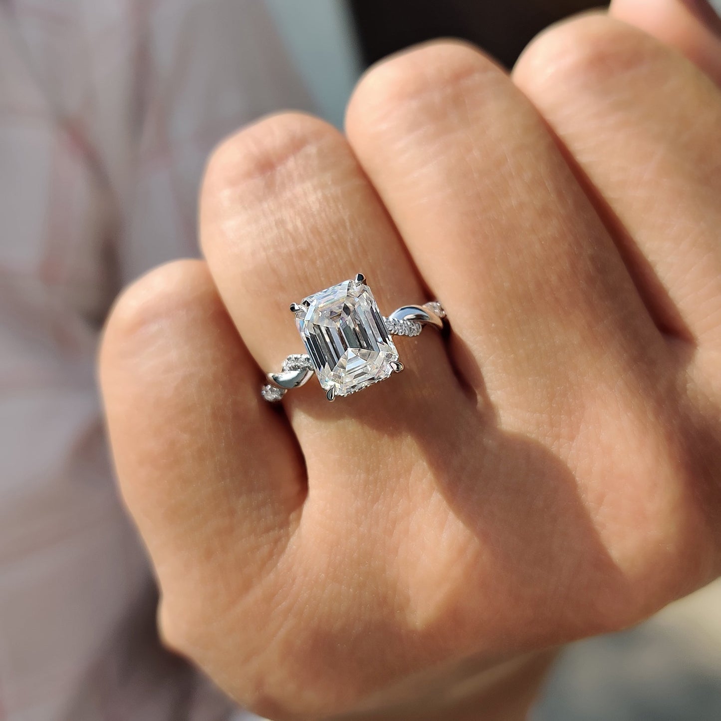 Emerald Cut Moissanite Ring With Hidden Halo Style