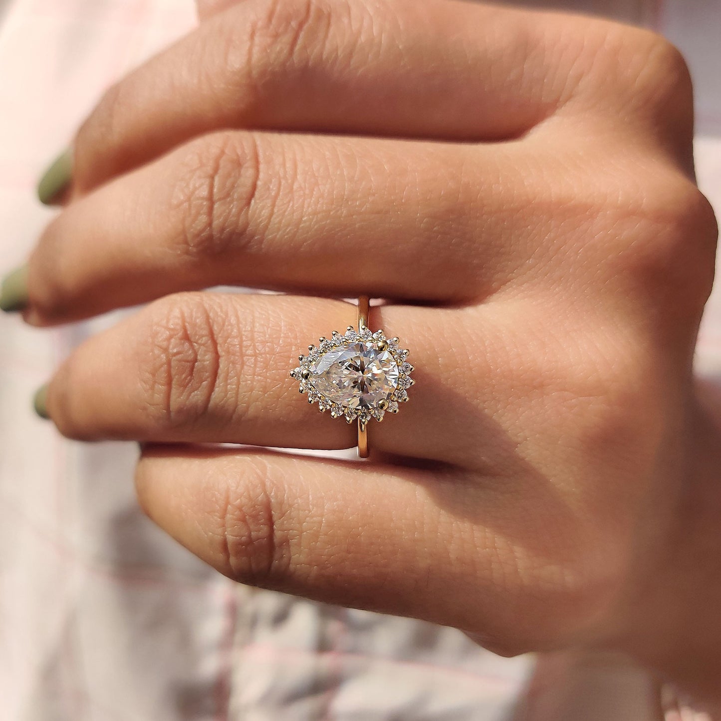 Pear Cut Moissanite Engagement Ring With Halo Setting