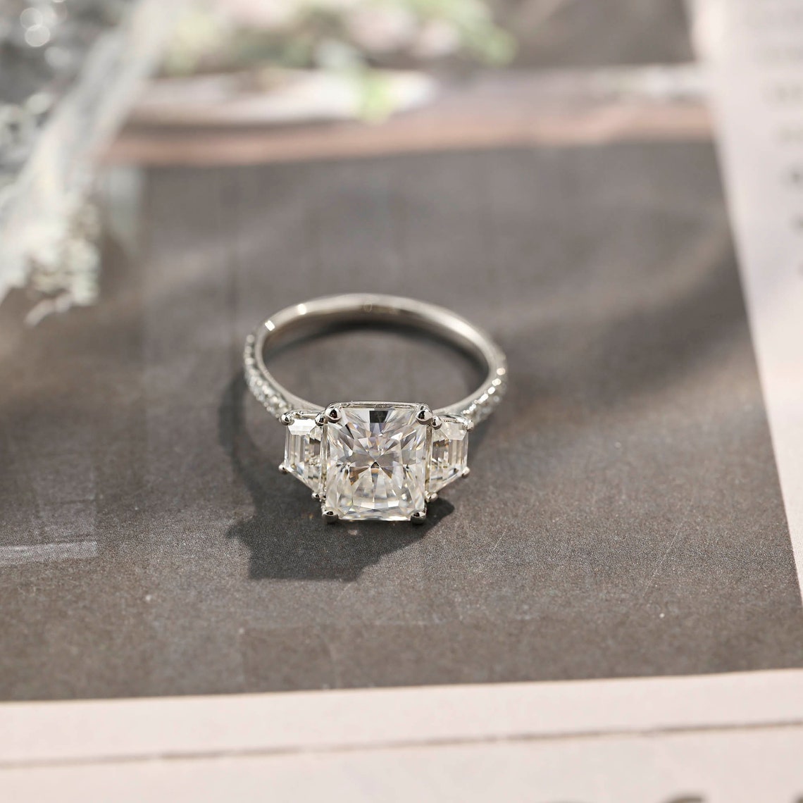 Stunning 4.0 CT Radiant Moissanite Engagement Ring with 3 Stones & Pave Design 2