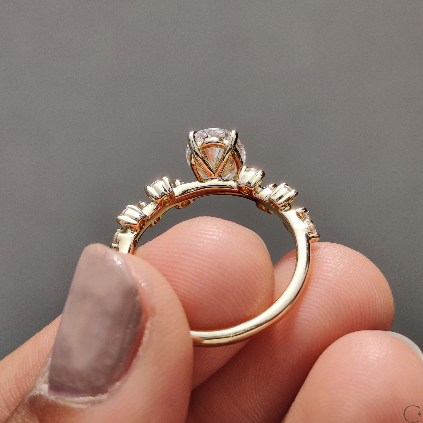 Oval Shape Engagement Ring with Zig Zag Band in Gold
