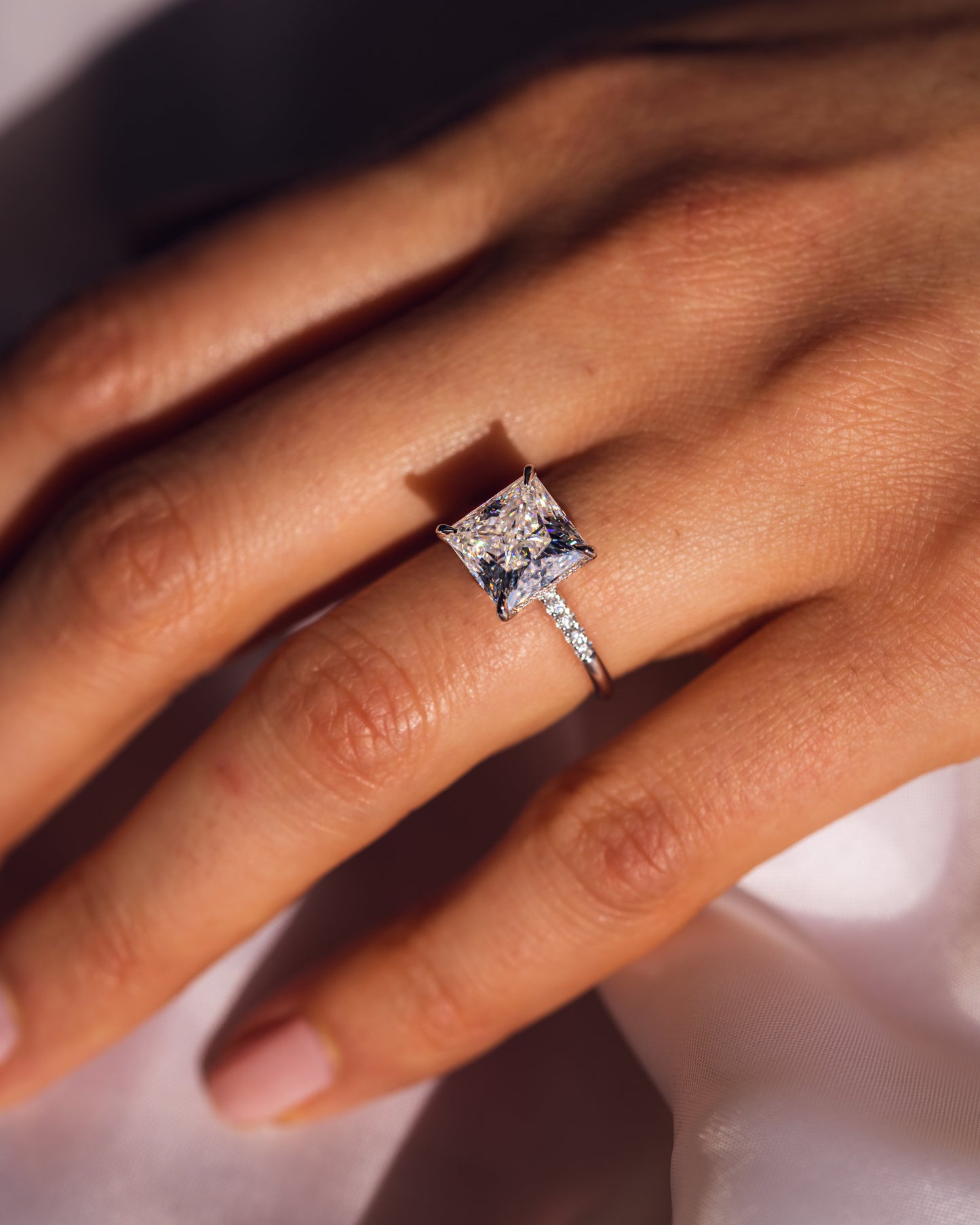 2.87 CT Princess Cut Moissanite Engagement Ring With Hidden Halo Setting