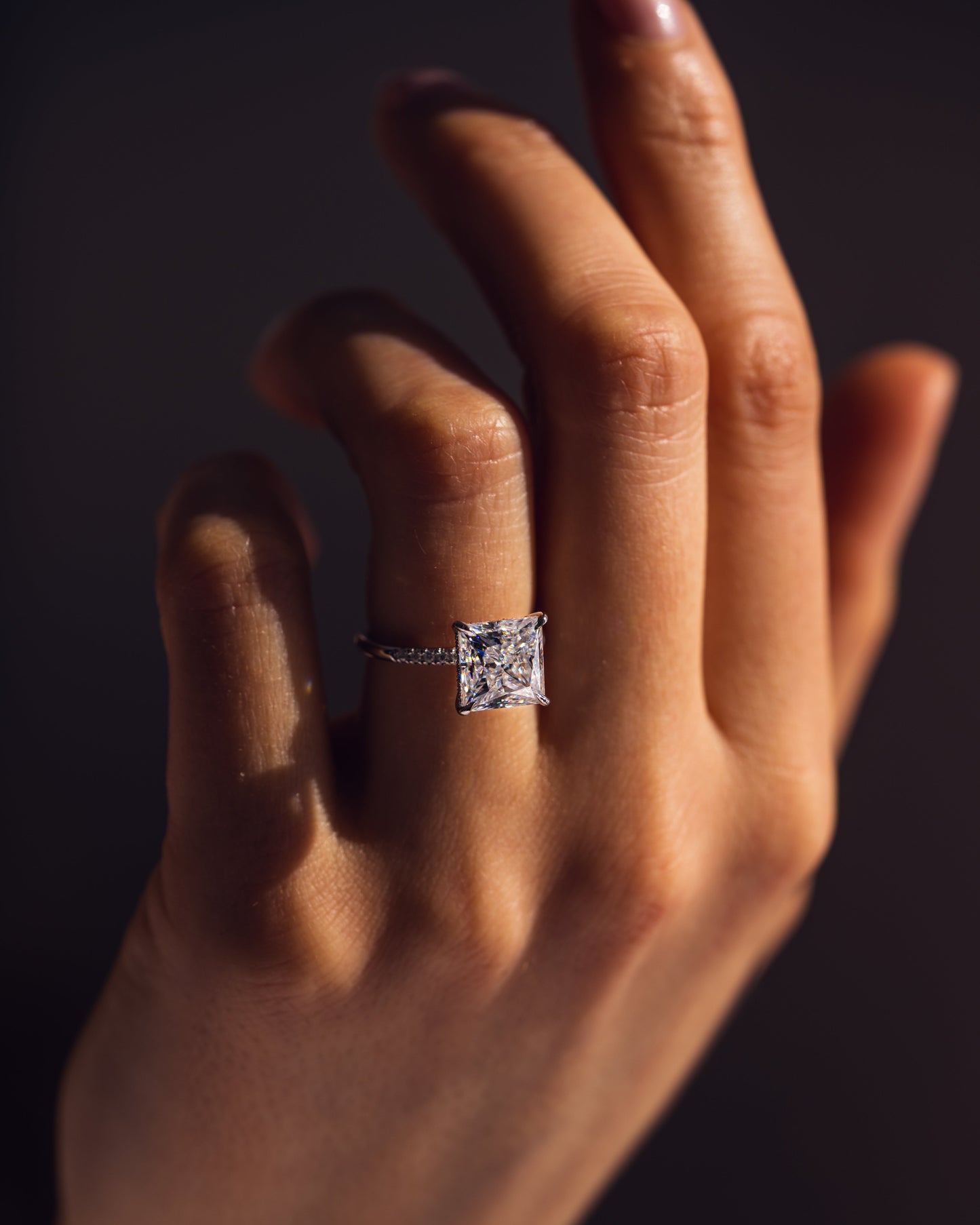 2.87 CT Princess Cut Moissanite Engagement Ring With Hidden Halo Setting