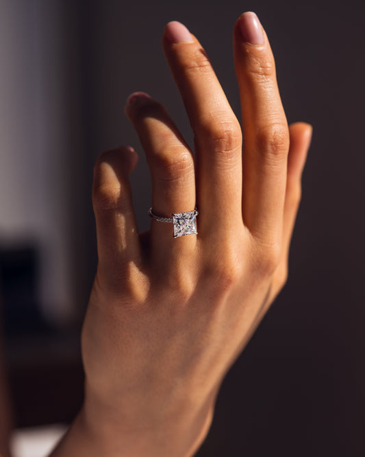 2.87 CT Princess Cut Moissanite Engagement Ring With Hidden Halo Setting