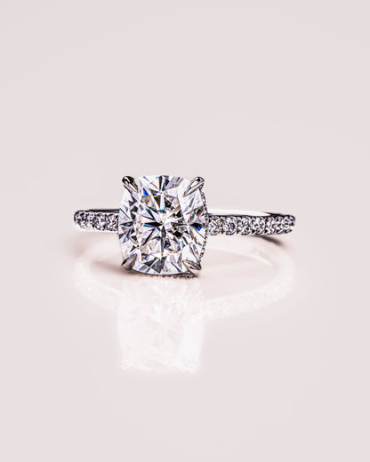 0.96 CT Cushion Moissanite Engagement Ring With Hidden Halo & Pave Setting
