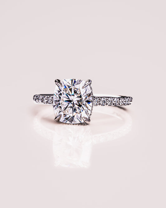 0.96 CT Cushion Moissanite Engagement Ring With Hidden Halo & Pave Setting