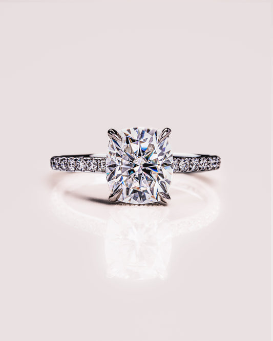 0.96 CT Cushion Moissanite Engagement Ring With Hidden Halo & Pave Setting